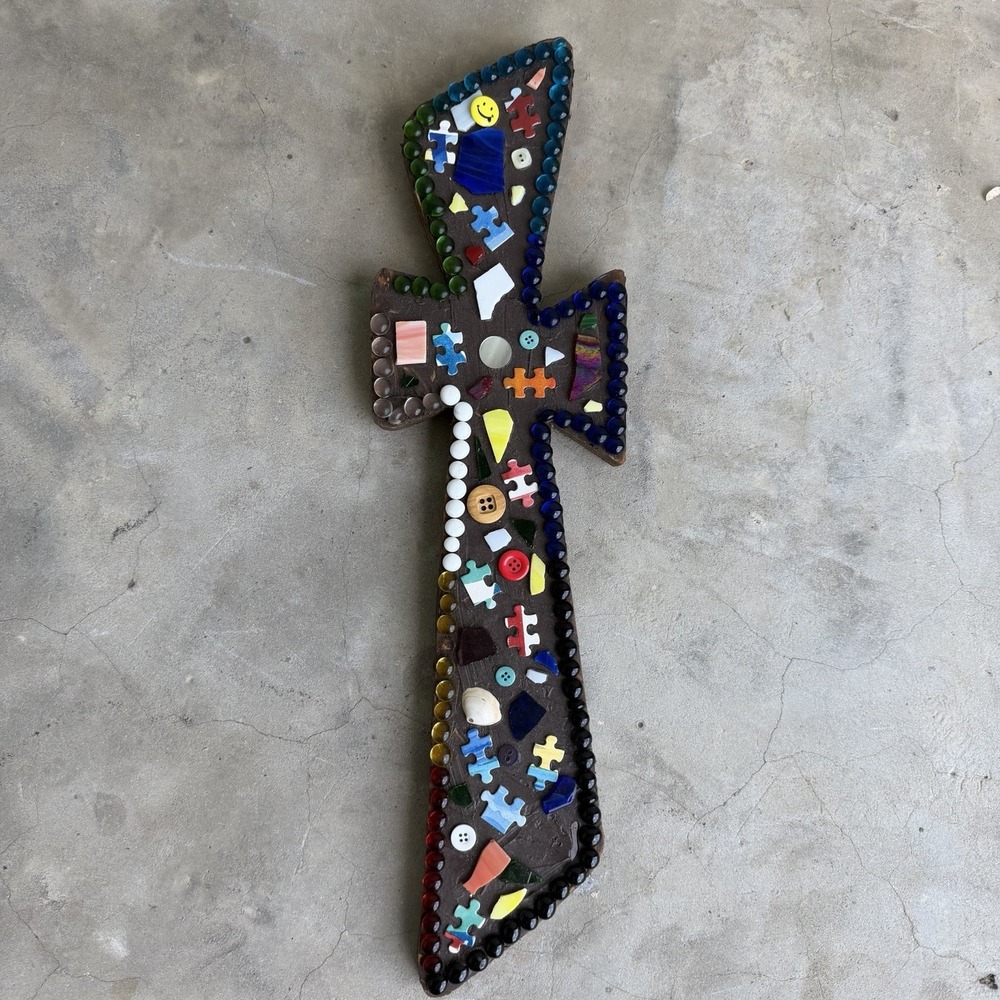 Vintage Folk Art Cross Mosaic Glass Puzzle 21"